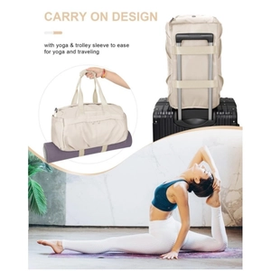 Detail of beige travel bag with trolley sleeve and bottom straps for a yoga mat