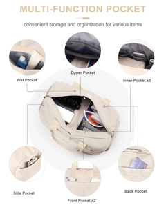 Detail view of beige fitness bag featuring waterproof dry-wet pockets and organized compartments