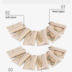 Cream velvet jewelry storage pouch with PVC window and metal zipper for accessories