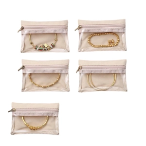 Five-piece set of beige velvet jewelry storage bags with clear PVC windows and zippers