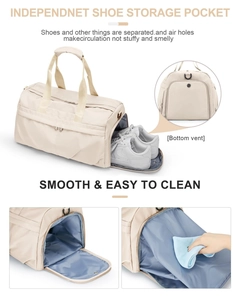 Detail view of fitness travel bag with dedicated shoe compartment and breathable metal eyelets