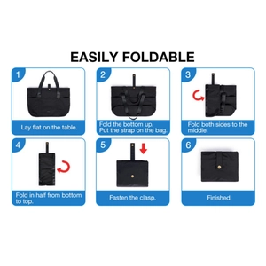 Foldable black nylon tote bag showing six step-by-step folding instructions with gold snaps