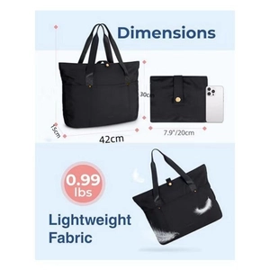 Black foldable large capacity shoulder tote bag made of lightweight fabric with dimensions