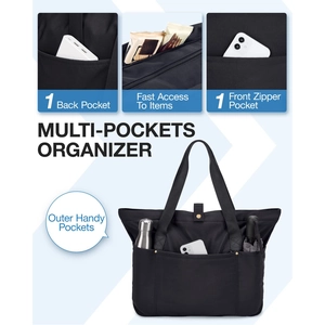 Black foldable nylon tote bag with multiple pockets and zipper for large storage