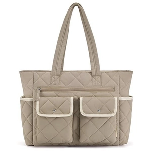 Front view of khaki quilted tote bag with multi-functional pockets and silver metal zippers