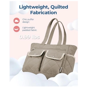 Lightweight khaki quilted puffer tote bag with multiple pockets for yoga and travel