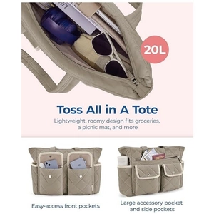 Quilted khaki tote bag with 20L capacity featuring multiple pockets for travel and yoga