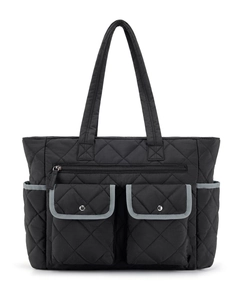 Front view of a black quilted travel tote with multiple pockets and grey trim detail