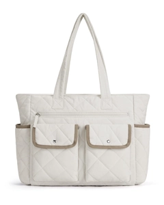 Front view of quilted nylon tote bag showing multiple pockets and cream texture
