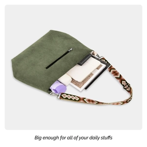 Army green corduroy tote bag with ethnic pattern strap and spacious interior