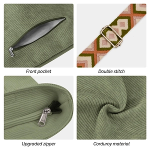 Green corduroy crossbody bag with embroidered strap, zipper pocket and metal hardware