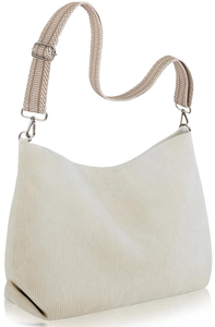 Detail of cream corduroy shoulder bag with textured fabric and woven adjustable strap