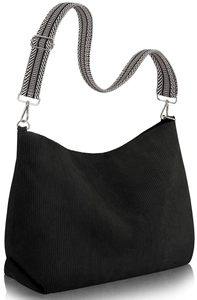 Detail of black corduroy hobo bag with adjustable geometric pattern woven shoulder strap