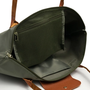 Foldable oxford tote bag in olive green with interior zipper mesh pocket and spacious storage
