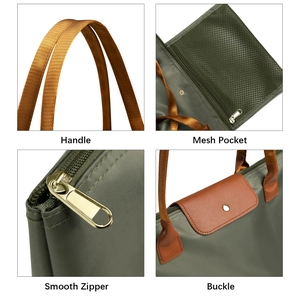 Foldable nylon tote bag in olive green with leather handles and interior mesh pocket details