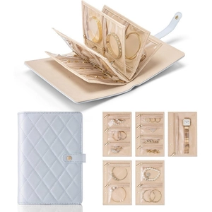 Dettaglio dell'organizzatore di gioielli in pelle blu con tasche trasparenti in PVC