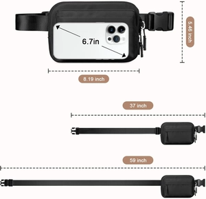 Detailed size chart for black fanny pack showing 8.19x5.46 inch body and adjustable strap