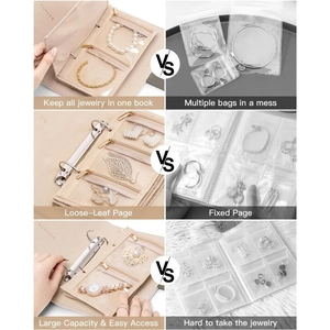 Organizzatore per gioielli in pelle PU beige con buste trasparenti e anelli per collane
