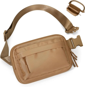 Khaki mini nylon waist bag with adjustable strap and internal multi-layer storage compartments