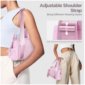 Pink fitness bag with adjustable strap for sports and travel, shown on shoulder and hand