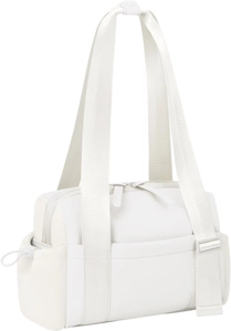 Detail view of white nylon gym bag with front pocket and adjustable wide shoulder strap