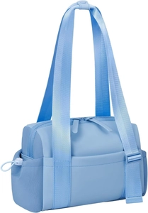 Close-up of light blue gym bag with side drawstring pocket and durable nylon texture
