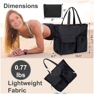 Black waterproof beach tote bag set with dimensions for travel, yoga and outdoor use