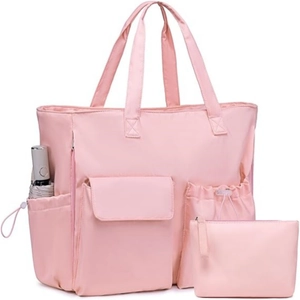 Detailed close-up of pink waterproof tote bag with side drawstring pocket and folding umbrella