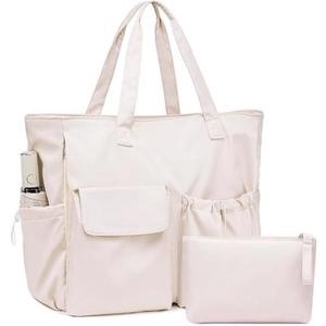 Detail of waterproof beige tote bag with multi-pocket design and matching small zipper pouch