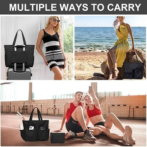 Waterproof beach tote bag with luggage sleeve and multiple utility pockets for travel
