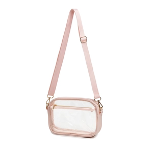 Macro shot of pink zipper detail and transparent PVC material on crossbody bag