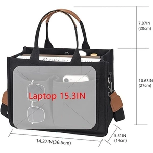 Black canvas tote bag for 15.3 inch laptop with brown leather handles and dimensions