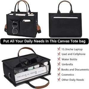 Detailed view of black canvas tote showing multiple pockets and 15.3 inch laptop capacity