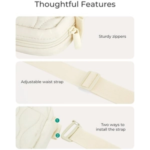 Cream quilted waist bag for women featuring durable zippers and adjustable straps