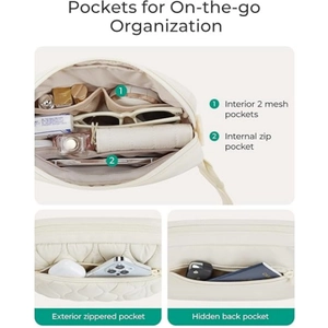 Cream quilted fanny pack with adjustable strap and multiple functional storage pockets