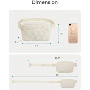 Quilted waist bag size chart showing 9.5x6.1x2.4 inch body and adjustable strap length