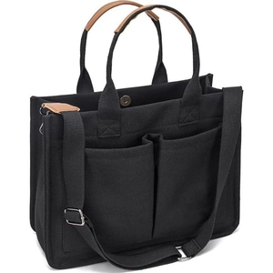 Large Canvas Tote Bag With PU Leather Trim Multi Pockets Laptop Crossbody Handbag For Women Travel Work School Daily