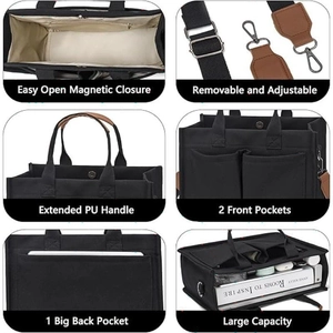 Black canvas tote bag with brown PU handles and adjustable strap for large laptop storage