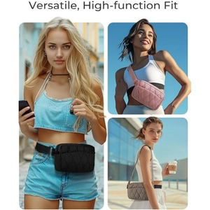 Quilted crossbody waist bag with adjustable strap shown in black, purple, and gray styles
