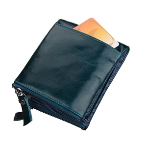 Deep teal RFID genuine leather double zipper wallet with card slots and oily texture