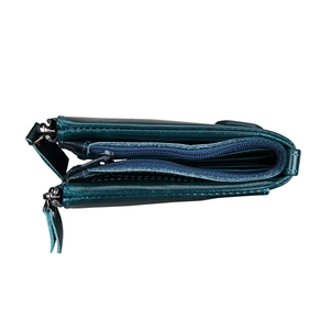 Deep teal genuine leather RFID wallet featuring multiple zipper pockets and card slots