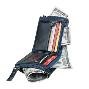 Genuine leather dark teal RFID wallet with dual zippers and multiple card slots