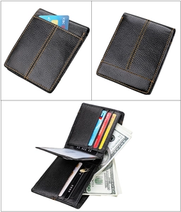 Detail der Echtleder-Brieftasche mit RFID-Schutz, Lychee-Textur und orangen Nähten