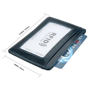 Detail view of slim navy leather card holder with RFID protection and 110x78mm dimensions