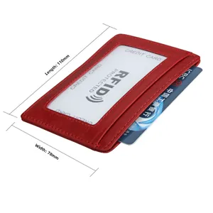 Detail view of red leather RFID card holder with dimensions of 110mm by 78mm length