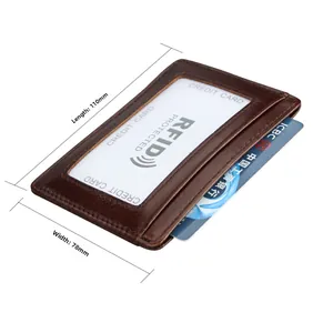 Macro shot showing 110x78mm dimensions of vintage brown leather RFID business card holder