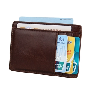 Detail view of brown vintage leather card holder with multiple RFID blocking card slots