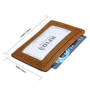Detailed macro view of vintage brown leather card wallet with RFID protection card