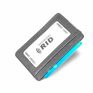 Detail of slim RFID leather card holder showing 110mm x 78mm dimensions and ID window