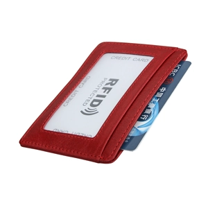 Slim RFID blocking red leather card holder with clear ID window and pebble texture
